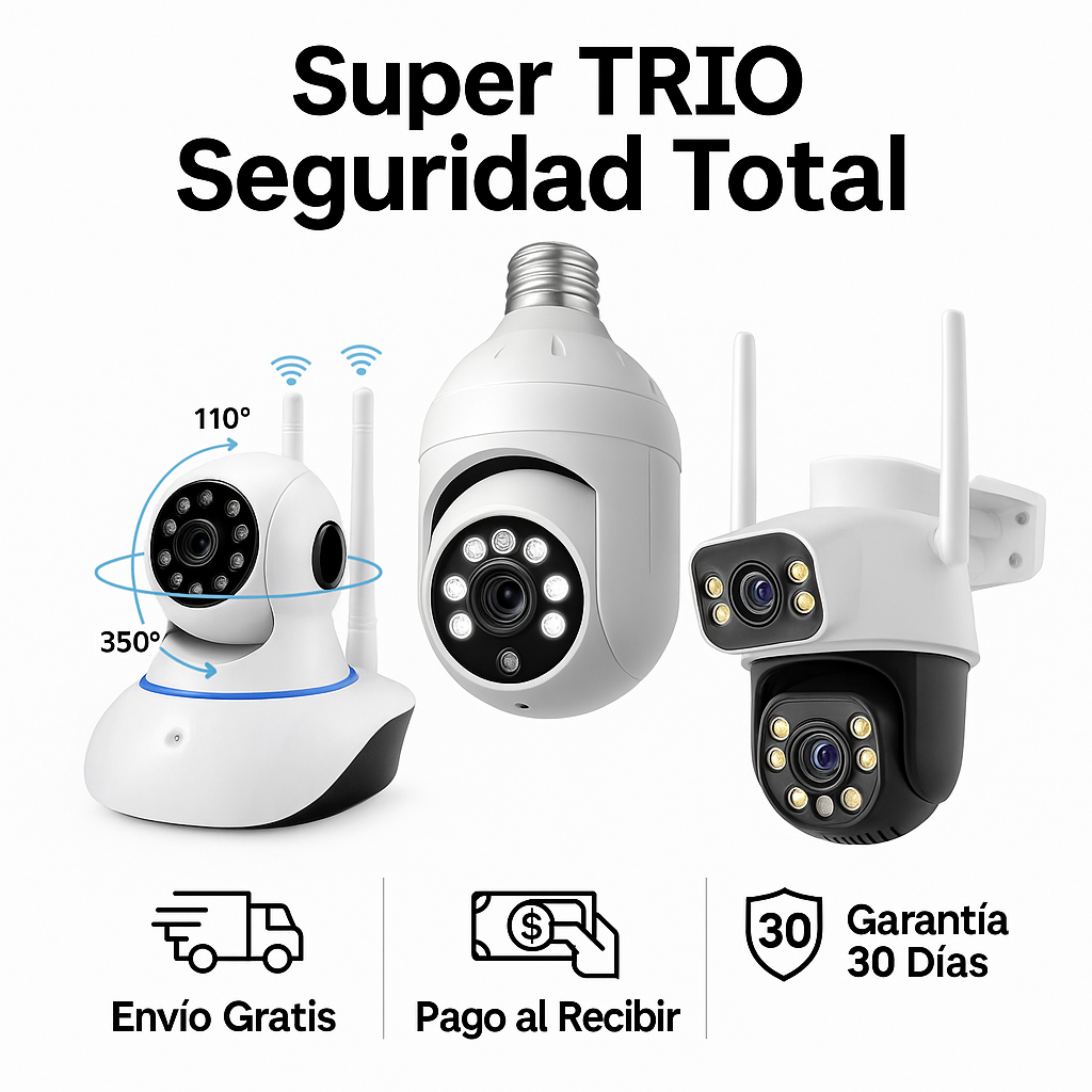 Super TRIO Seguridad Total – 3 Cámaras V380 Interior & Exterior (Control por App)